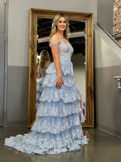 Princess A Line Off the Shoulder Corset Prom Dress with Lace Ruffles