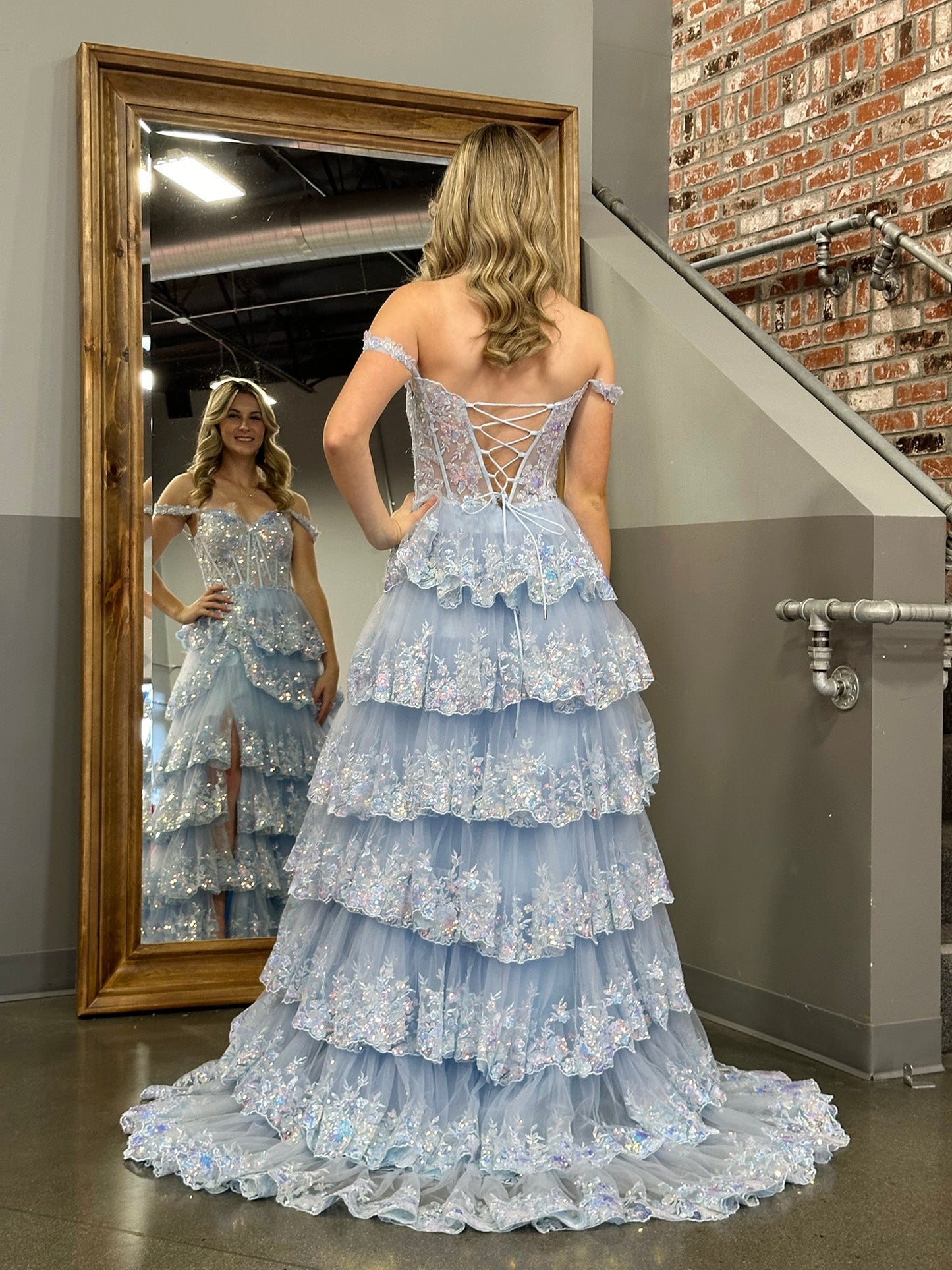 Princess A Line Off the Shoulder Corset Prom Dress with Lace Ruffles