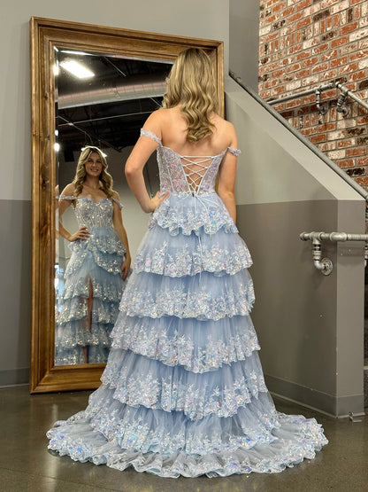 Princess A Line Off the Shoulder Corset Prom Dress with Lace Ruffles
