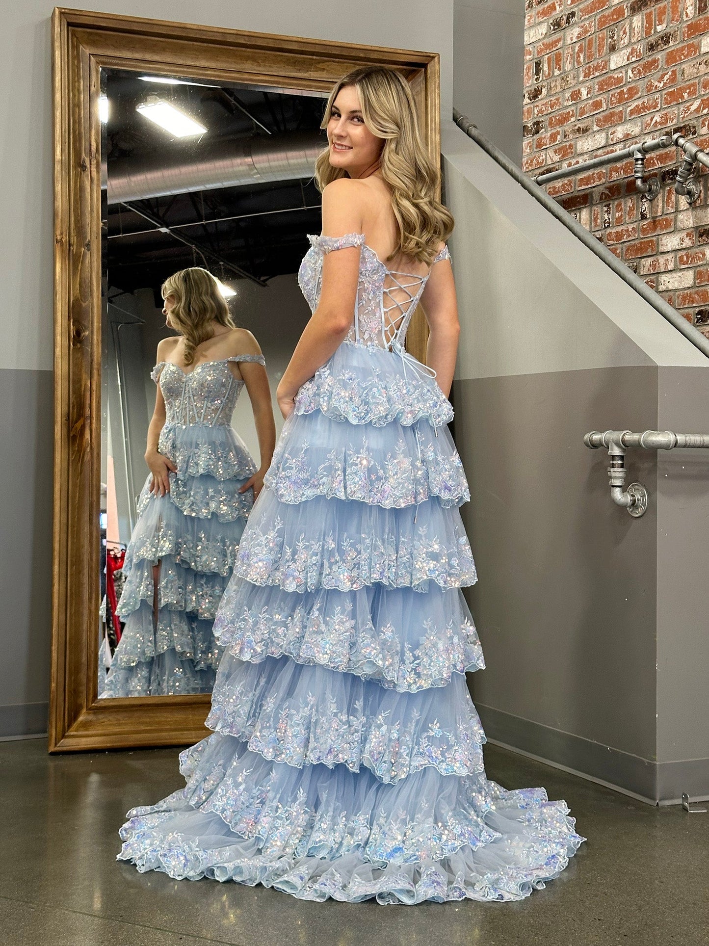 Princess A Line Off the Shoulder Corset Prom Dress with Lace Ruffles