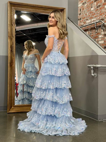 Princess A Line Off the Shoulder Corset Prom Dress with Lace Ruffles
