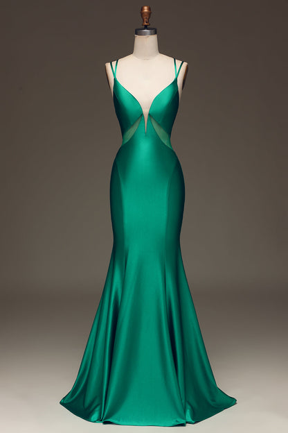 Green Deep V-neck Satin Mermaid Prom Dress with Lace-up Back