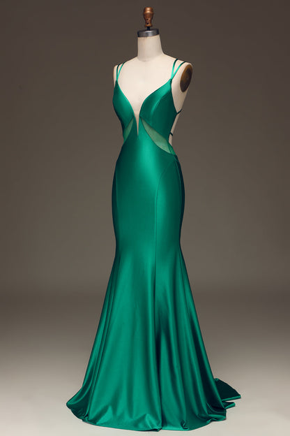 Green Deep V-neck Satin Mermaid Prom Dress with Lace-up Back