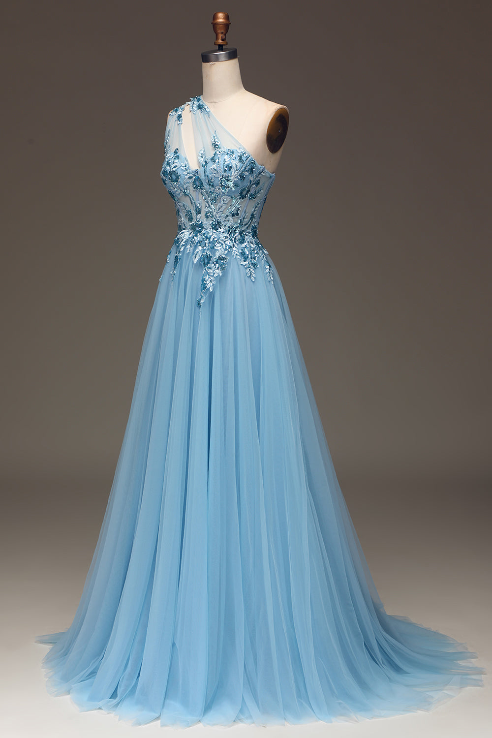 Light Blue A-Line One Shoulder Sequin Prom Dress with Appliques