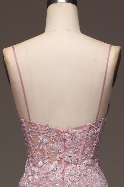 Glitter Blush Mermaid Spaghetti Straps Long Prom Dress with Beading