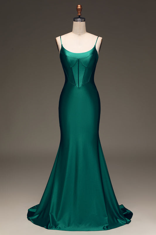 Satin Mermaid Lace-Up Back Dark Green Prom Dress with Corset