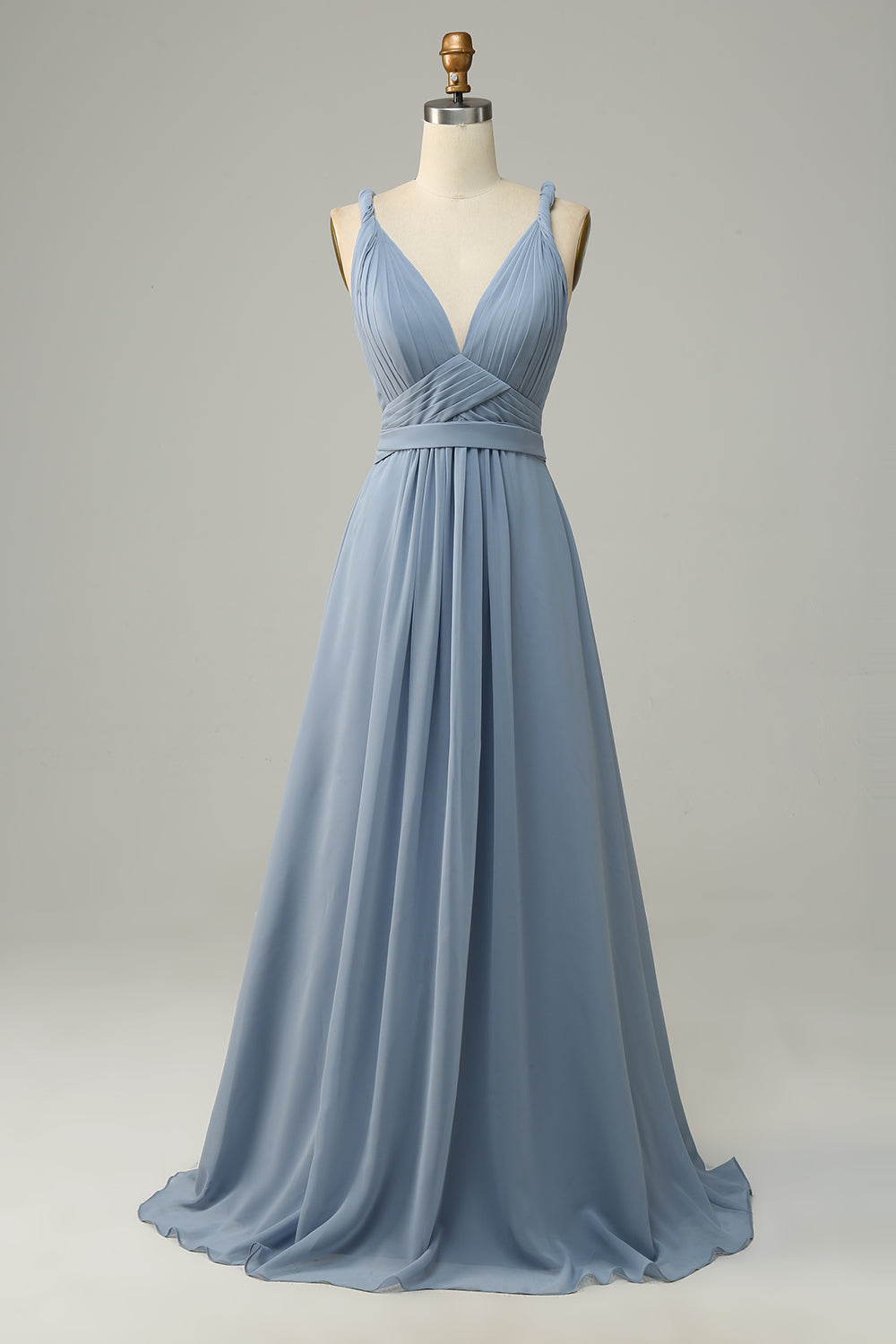 Dusty Blue Deep V Neck A Line Long Bridesmaid Dress