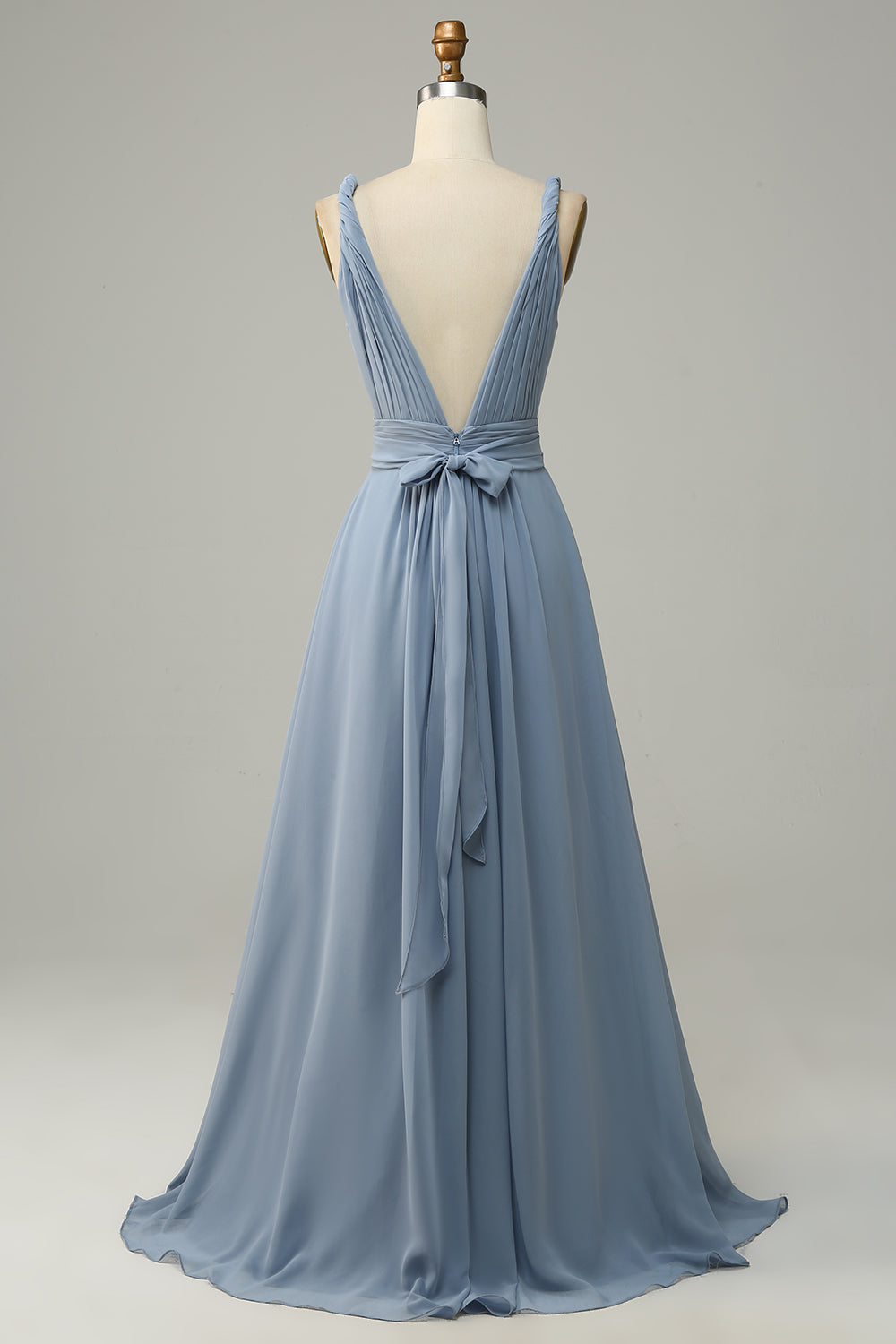 Dusty Blue Deep V Neck A Line Long Bridesmaid Dress