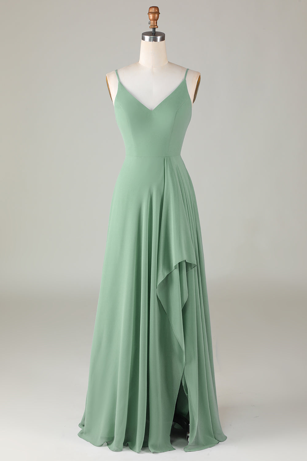 Spaghetti Straps Matcha Long Bridesmaid Dress with Ruffles