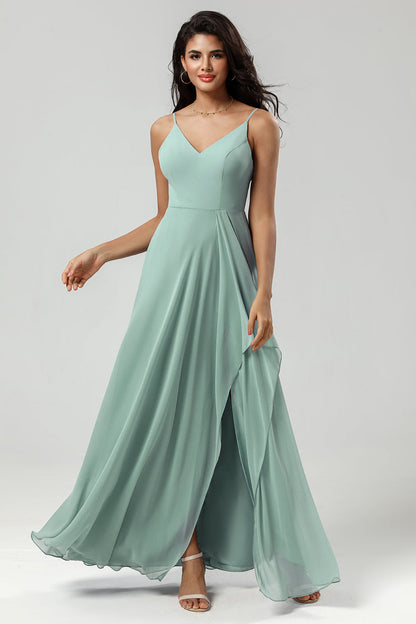 Green Spaghetti Straps Long Bridesmaid Dress with Ruffles
