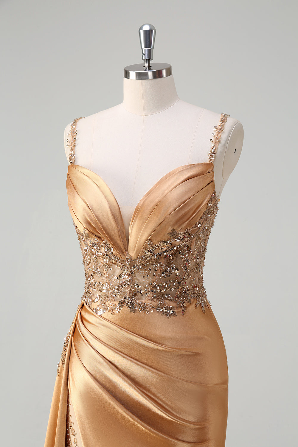 Sparkly Champagne Mermaid Watteau Train Corset Sequins Satin Prom Dress with Slit