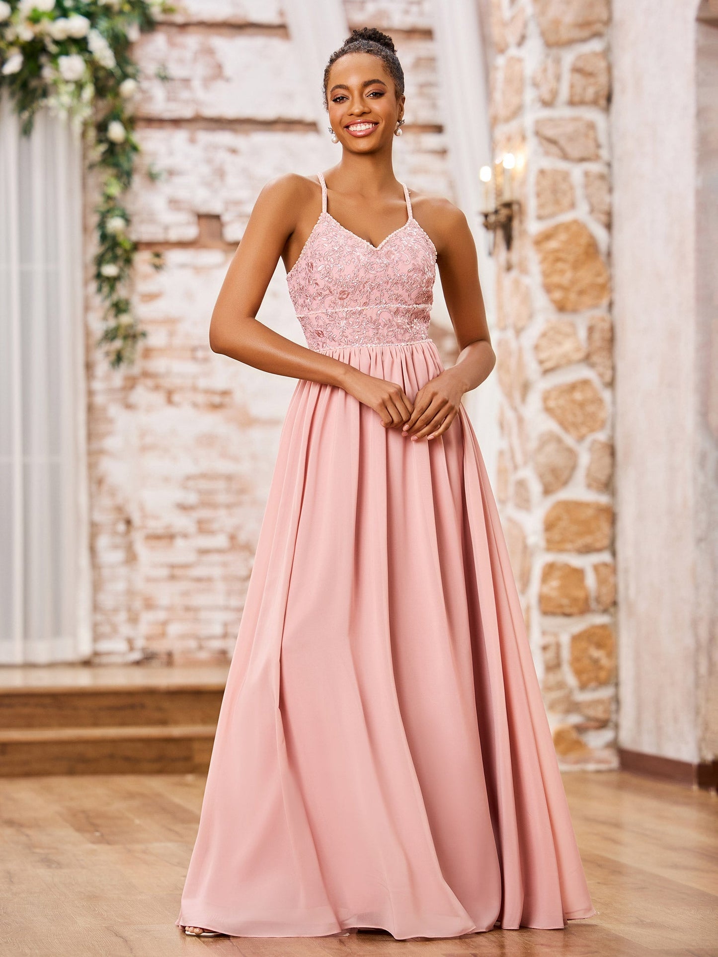 Spaghetti Straps Lace Top Long Chiffon Dresses Dusty Rose