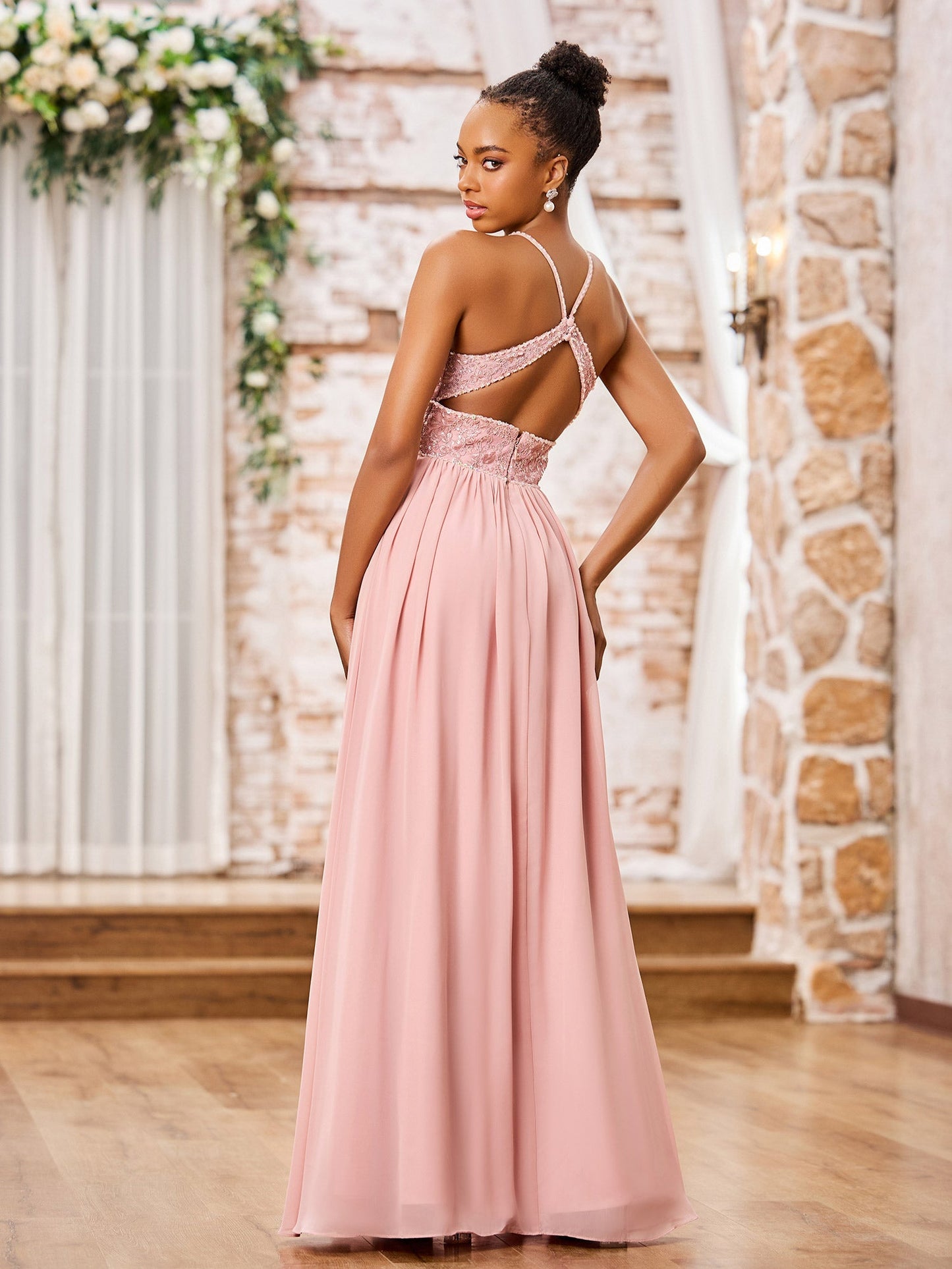 Spaghetti Straps Lace Top Long Chiffon Dresses Dusty Rose