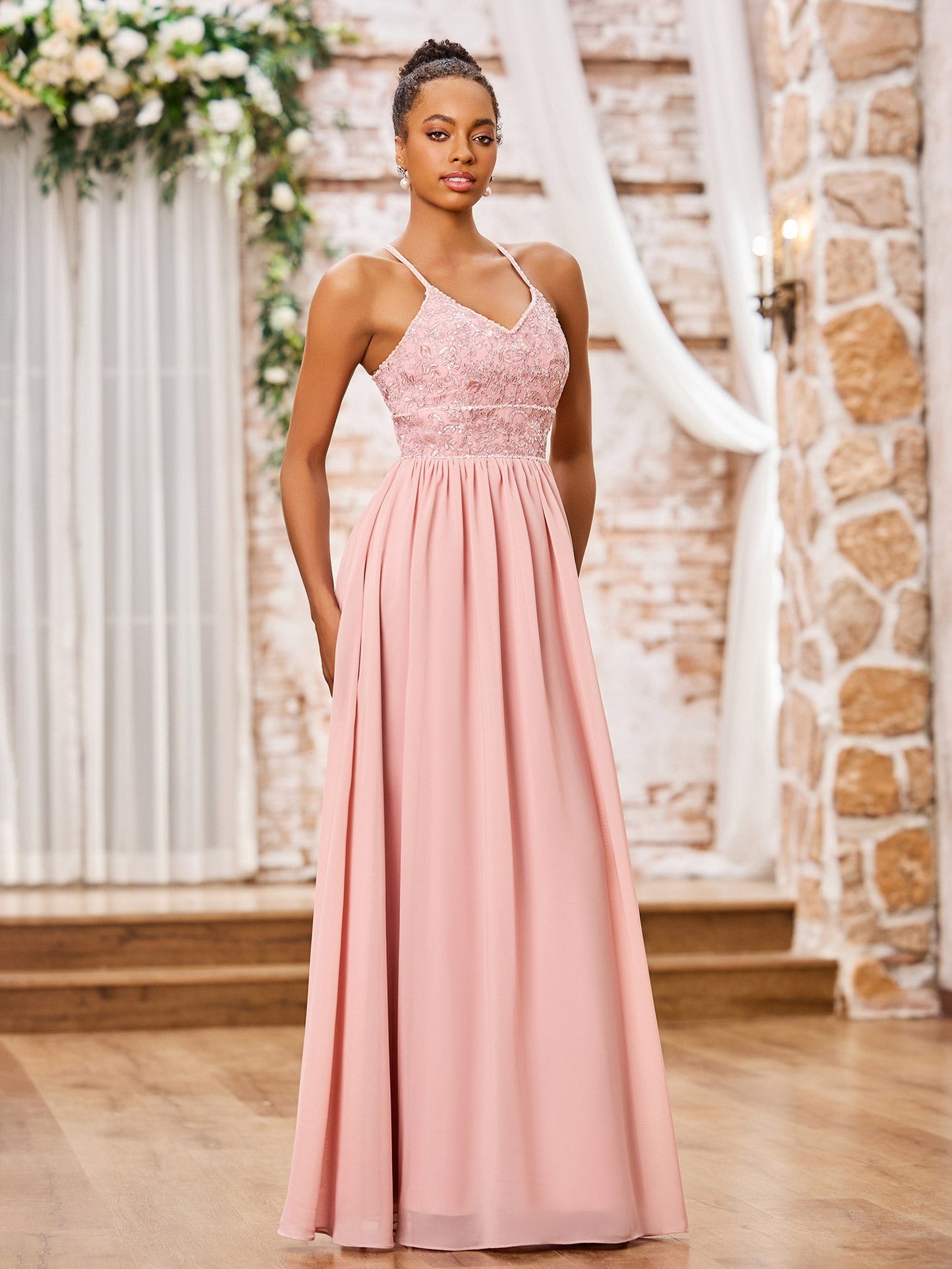 Spaghetti Straps Lace Top Long Chiffon Dresses Dusty Rose