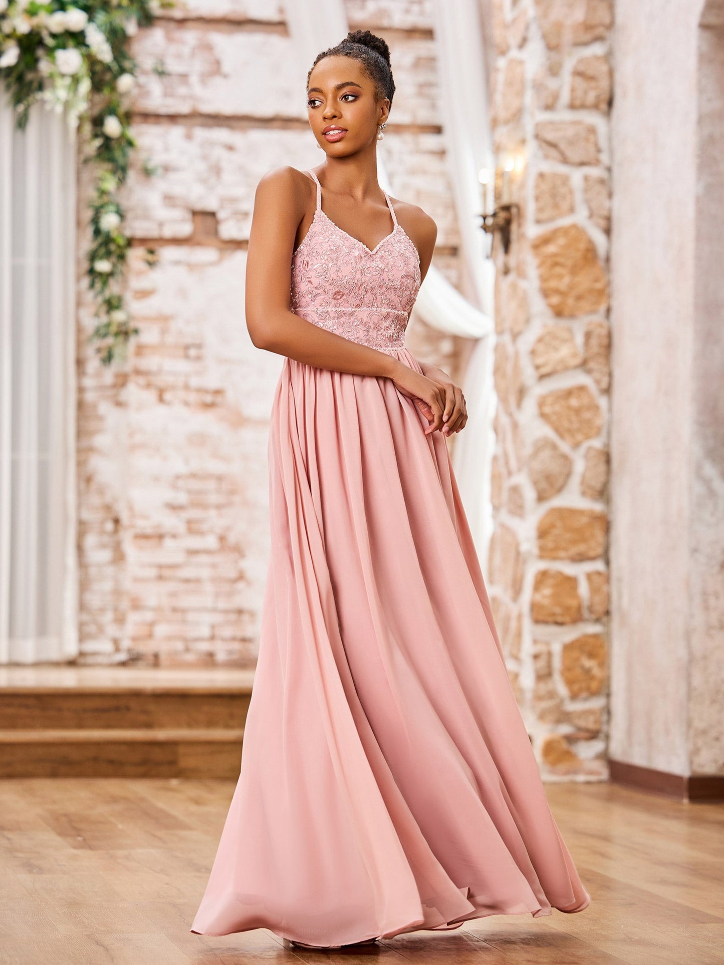 Spaghetti Straps Lace Top Long Chiffon Dresses Dusty Rose