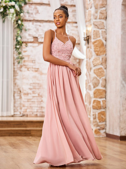 Spaghetti Straps Lace Top Long Chiffon Dresses Dusty Rose
