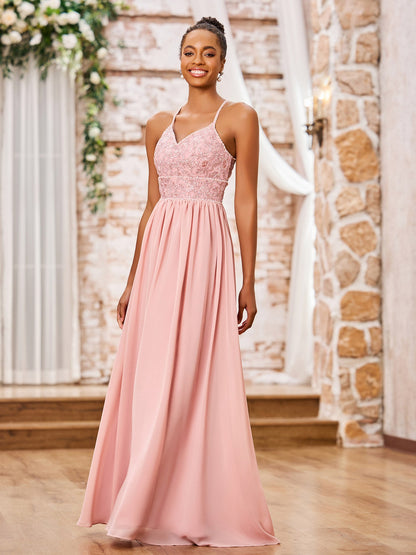 Spaghetti Straps Lace Top Long Chiffon Dresses Dusty Rose