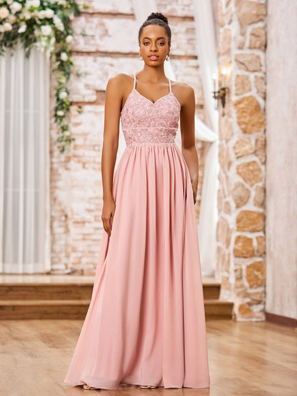 Spaghetti Straps Lace Top Long Chiffon Dresses Dusty Rose