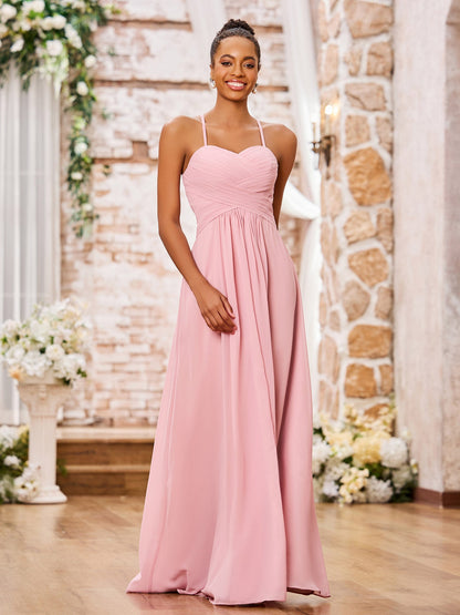 Spaghetti Straps Cross Pleated Chiffon Long Dresses Dusty Rose