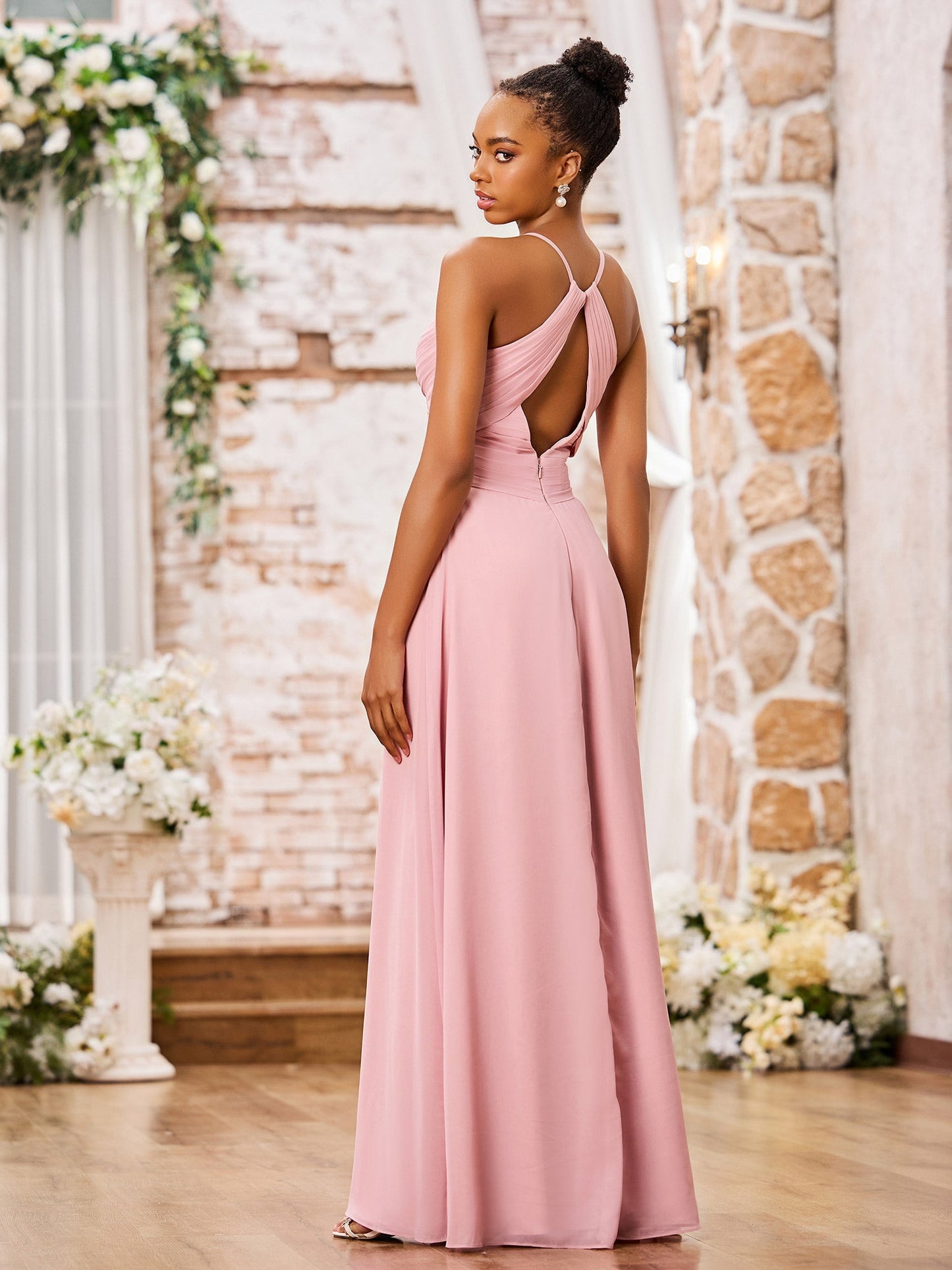 Spaghetti Straps Cross Pleated Chiffon Long Dresses Dusty Rose
