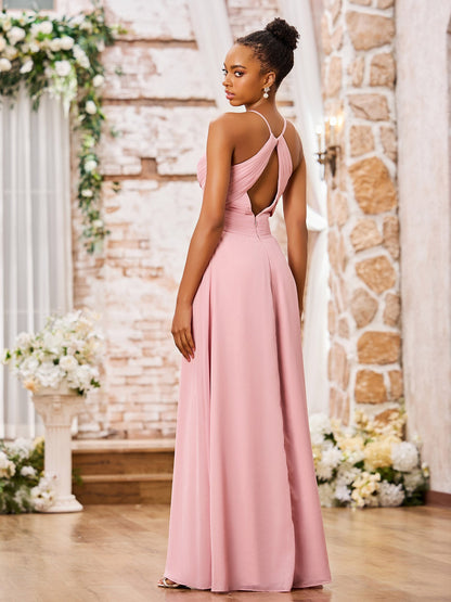 Spaghetti Straps Cross Pleated Chiffon Long Dresses Dusty Rose