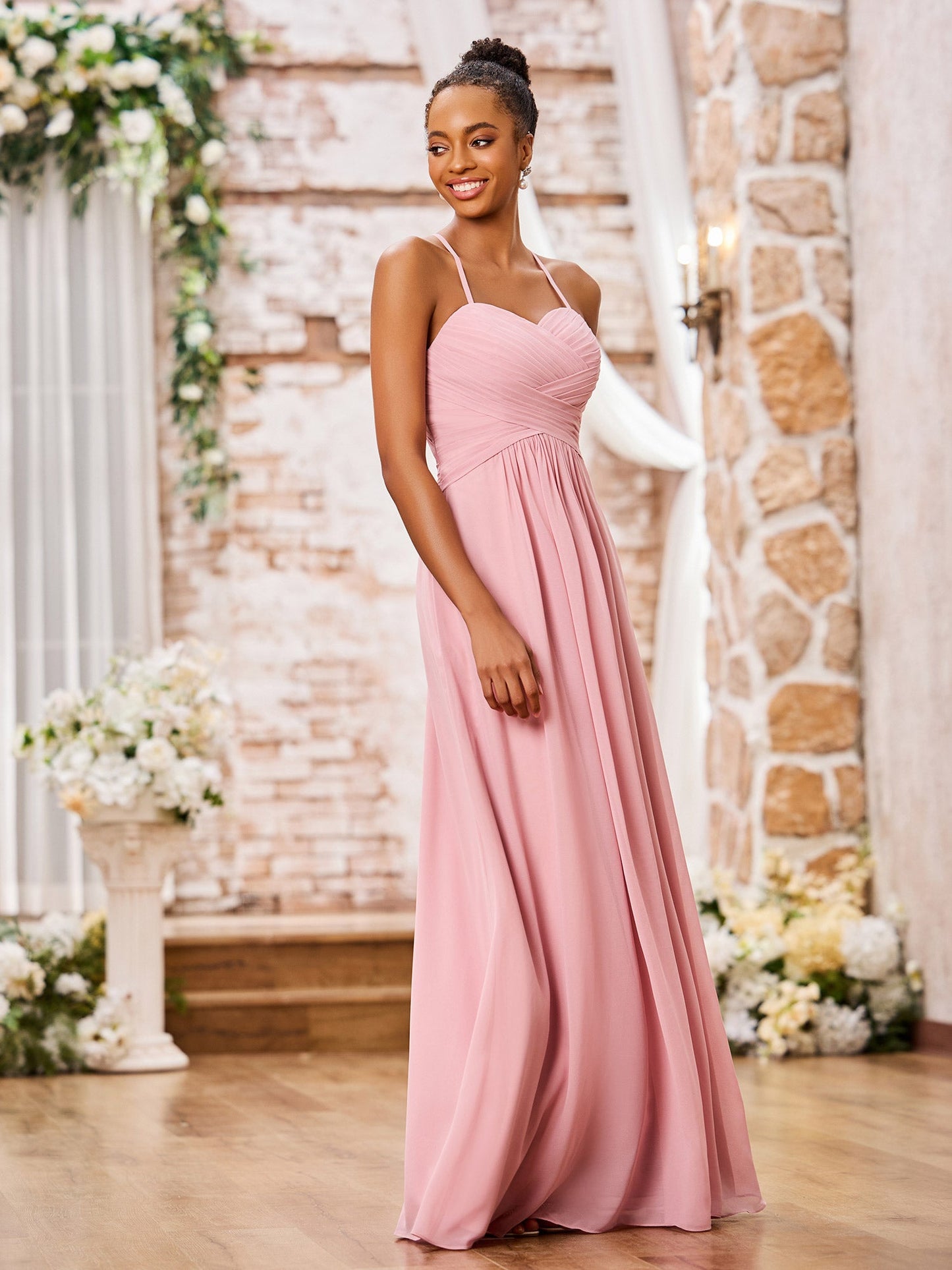 Spaghetti Straps Cross Pleated Chiffon Long Dresses Dusty Rose