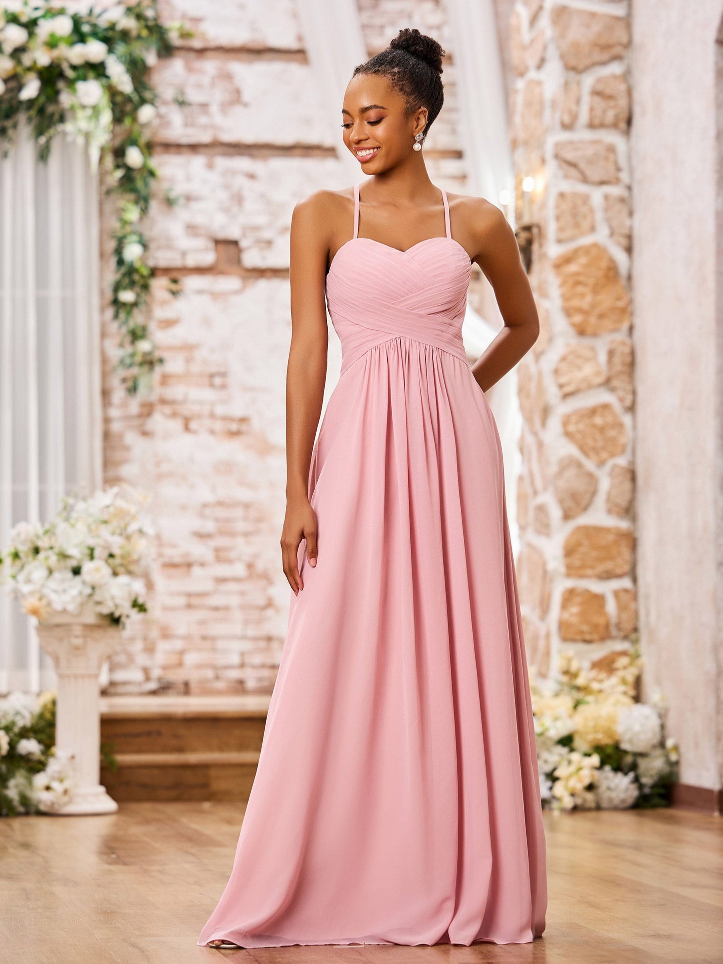 Spaghetti Straps Cross Pleated Chiffon Long Dresses Dusty Rose
