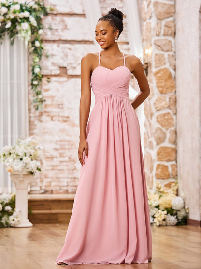 Spaghetti Straps Cross Pleated Chiffon Long Dresses Dusty Rose