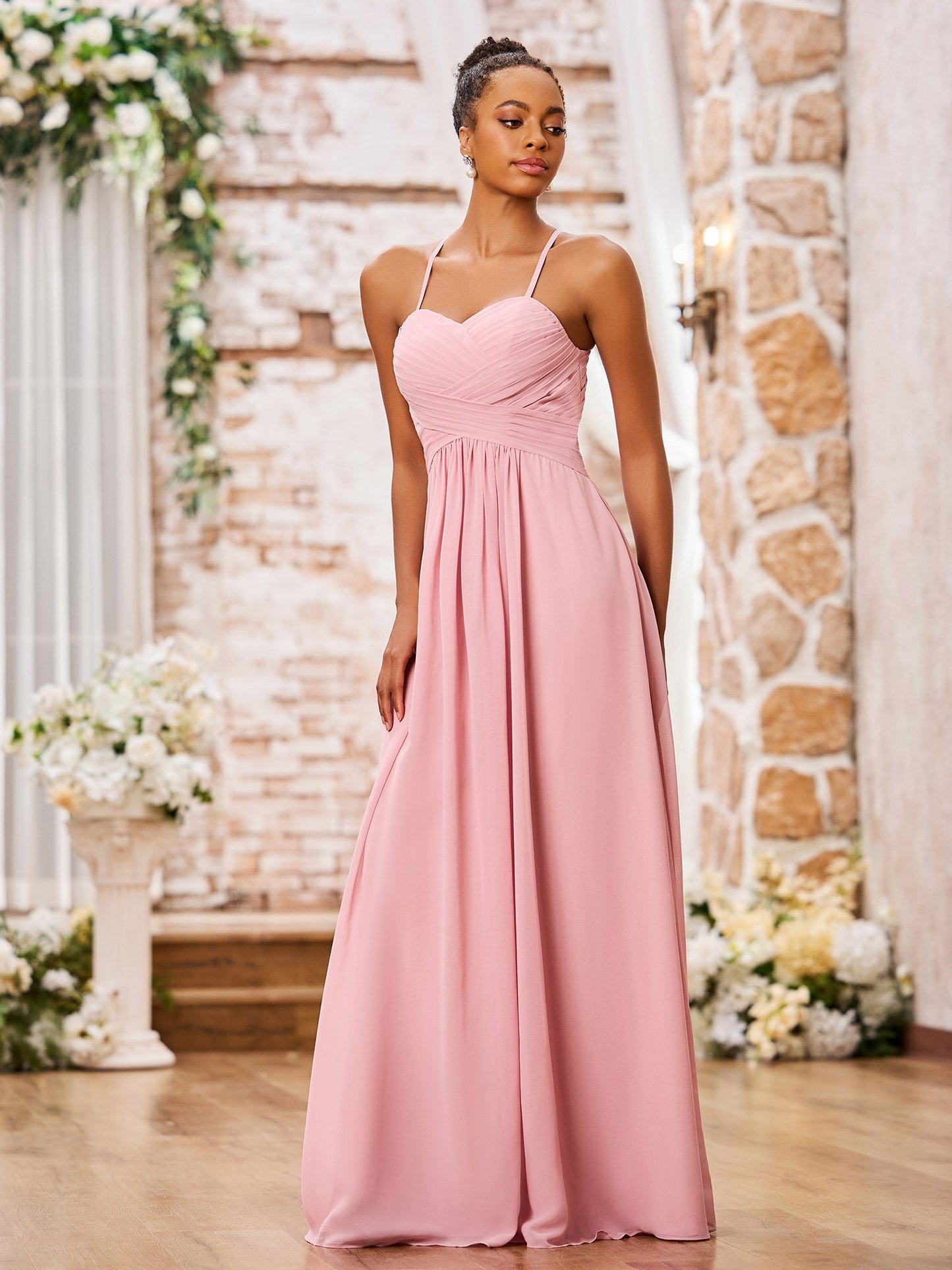 Spaghetti Straps Cross Pleated Chiffon Long Dresses Dusty Rose