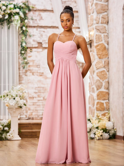 Spaghetti Straps Cross Pleated Chiffon Long Dresses Dusty Rose