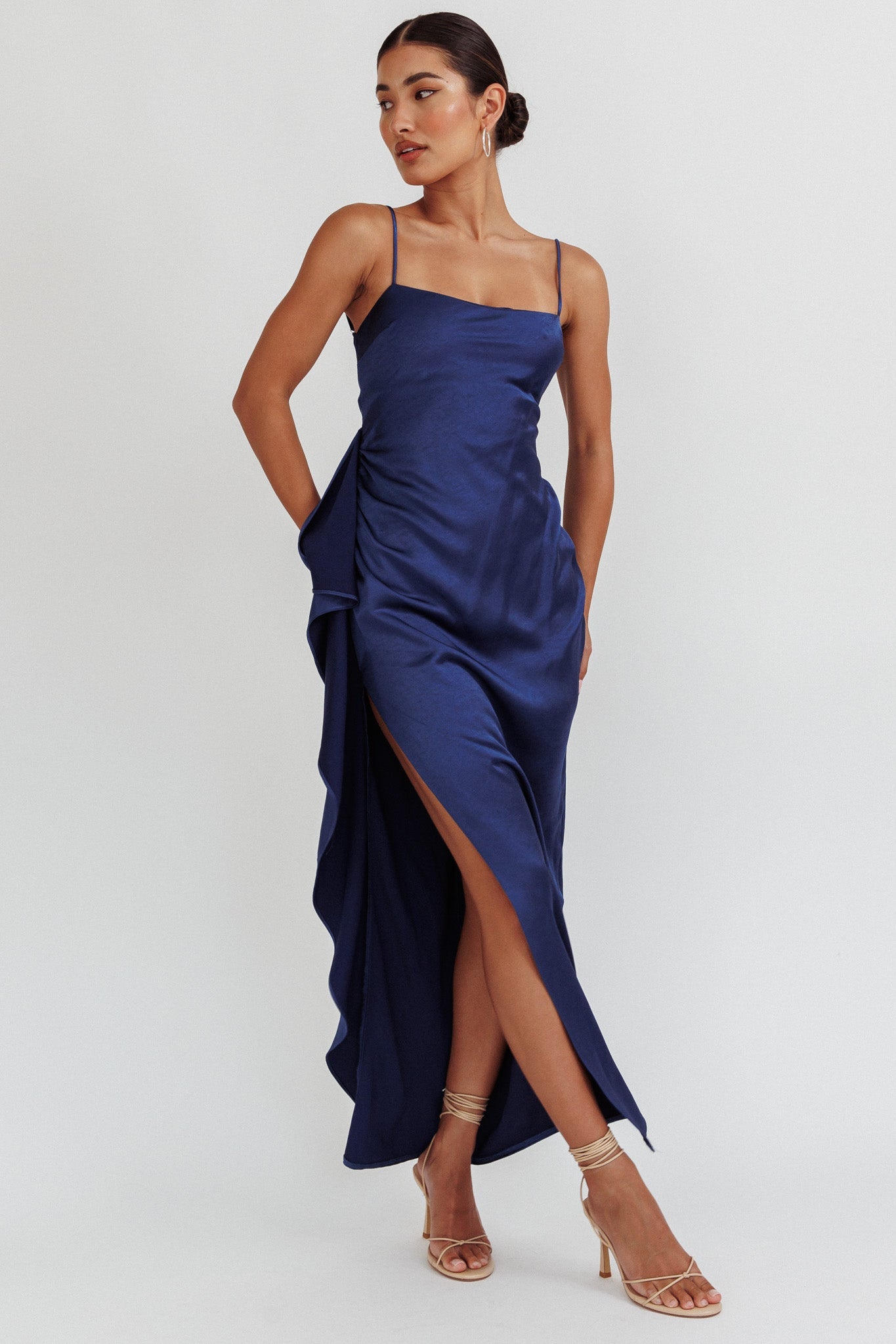 Night Swim Satin Leg Slit Maxi Dress Navy