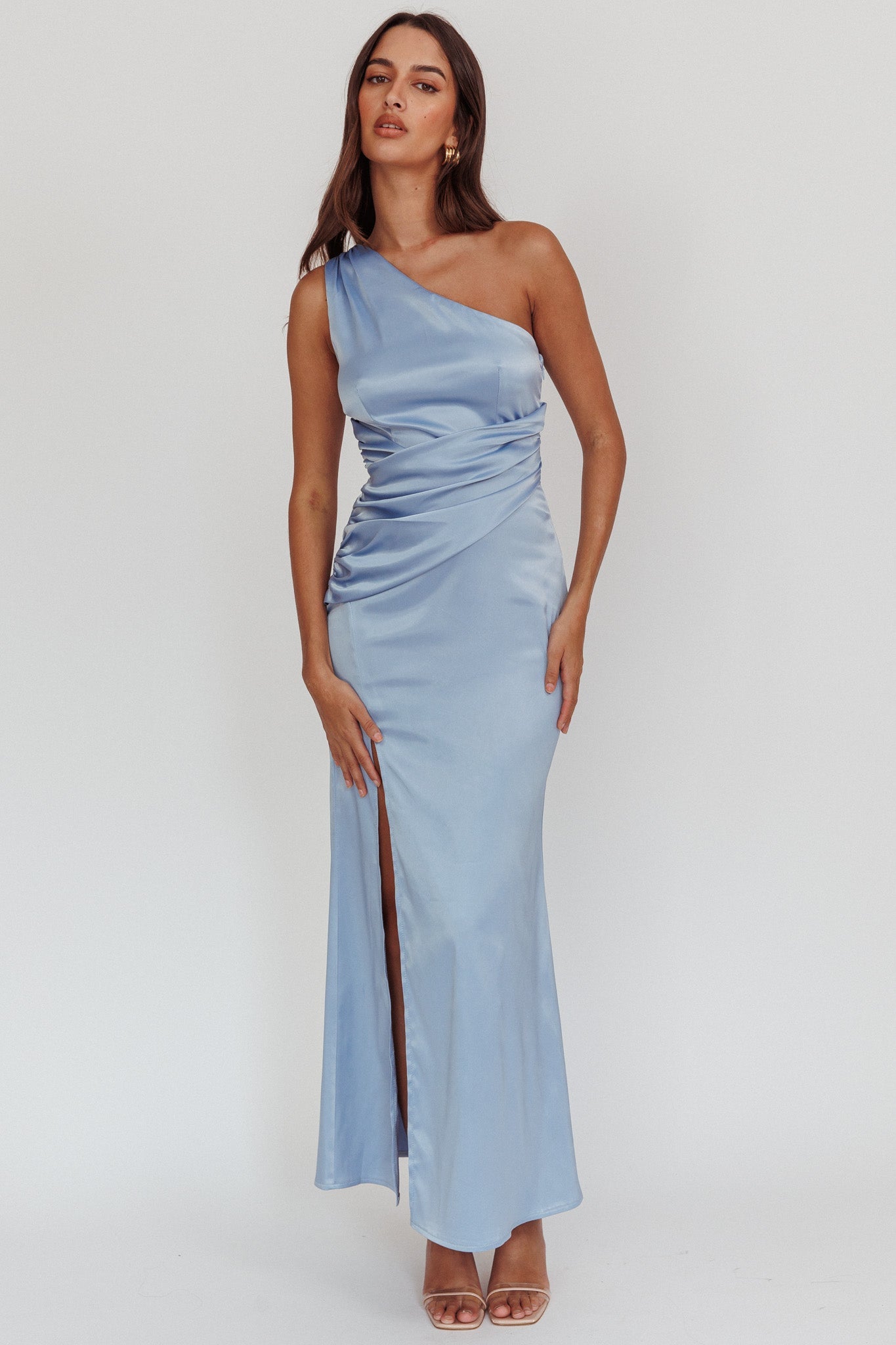 Taniesha One-Shoulder Gathered Maxi Dress Steel Blue