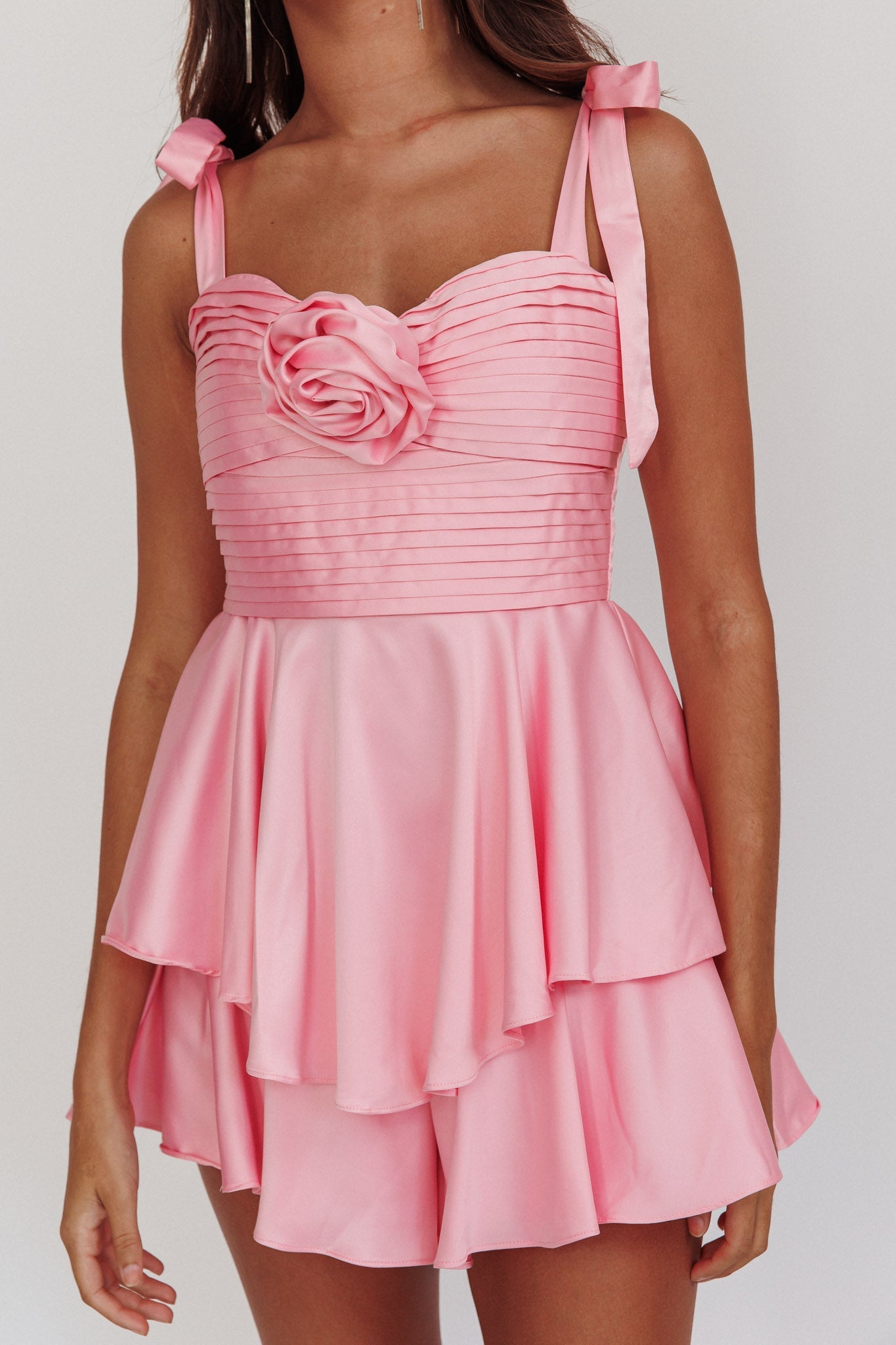 Kelia Bow Strap Rosette Romper Pink