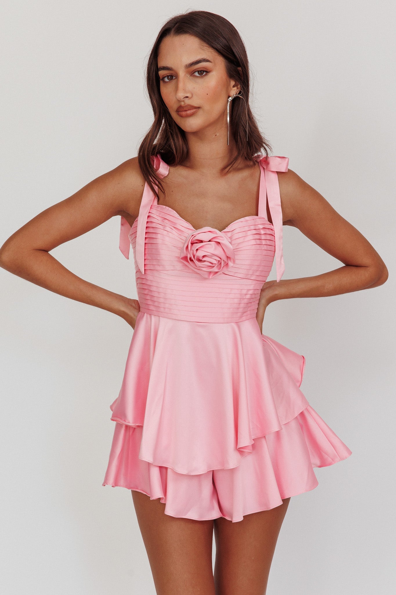 Kelia Bow Strap Rosette Romper Pink