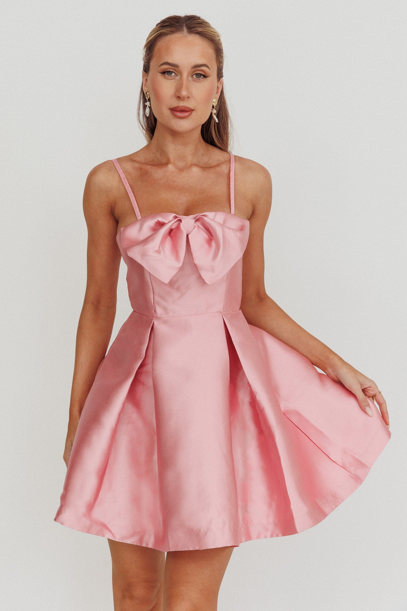 Love Talk Flared Bow Mini Dress Pink