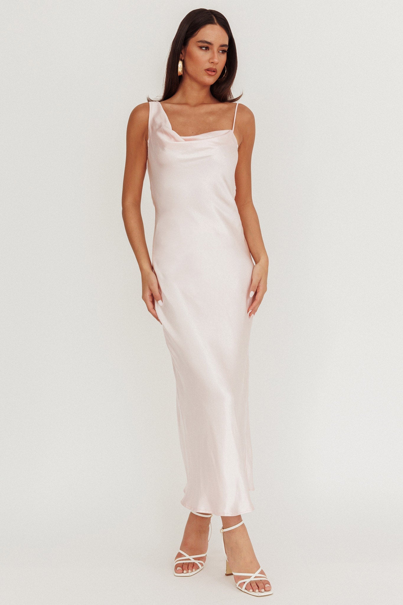 Treats Cowl Back Satin Maxi Dress Baby Pink