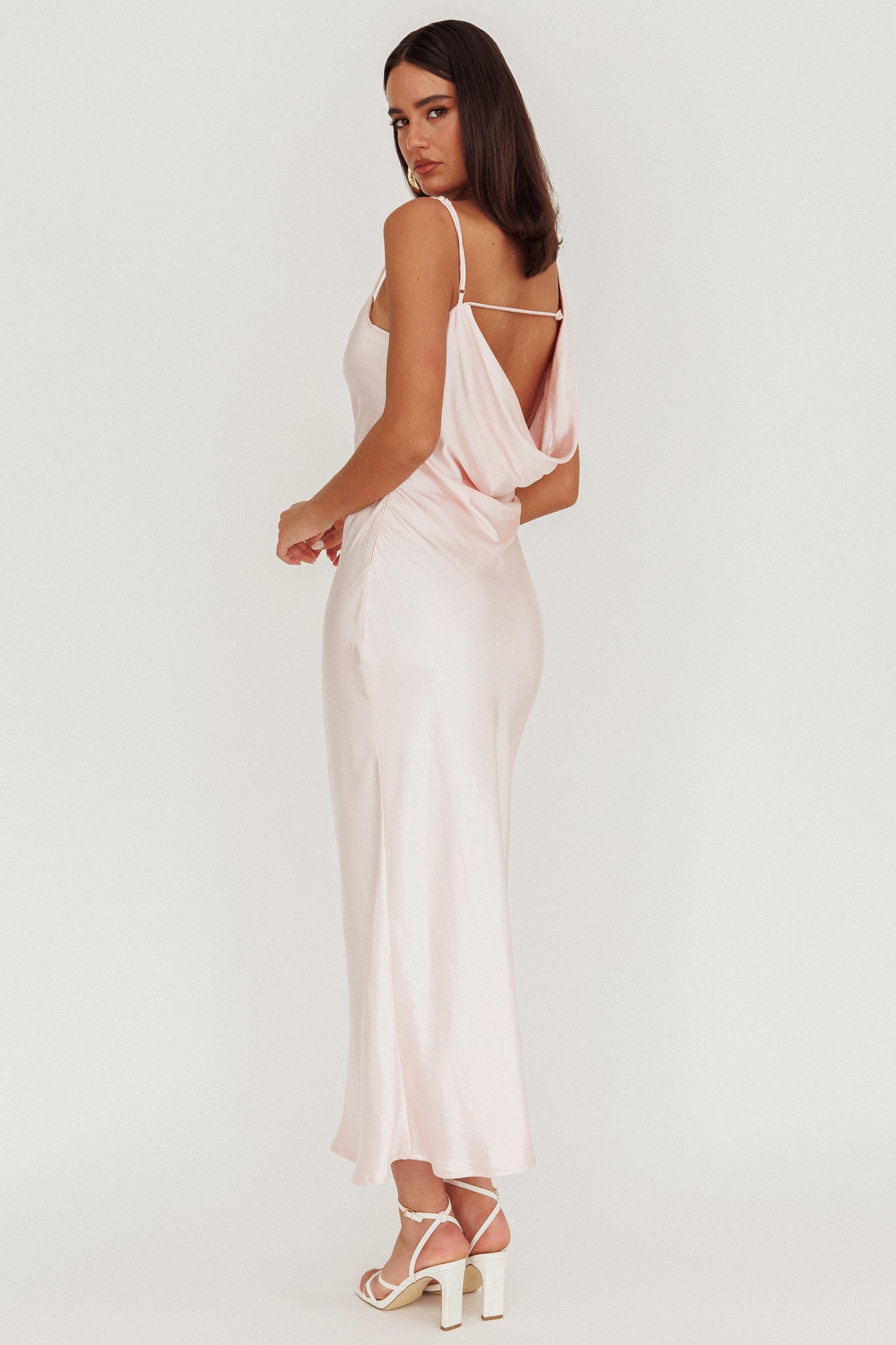 Treats Cowl Back Satin Maxi Dress Baby Pink