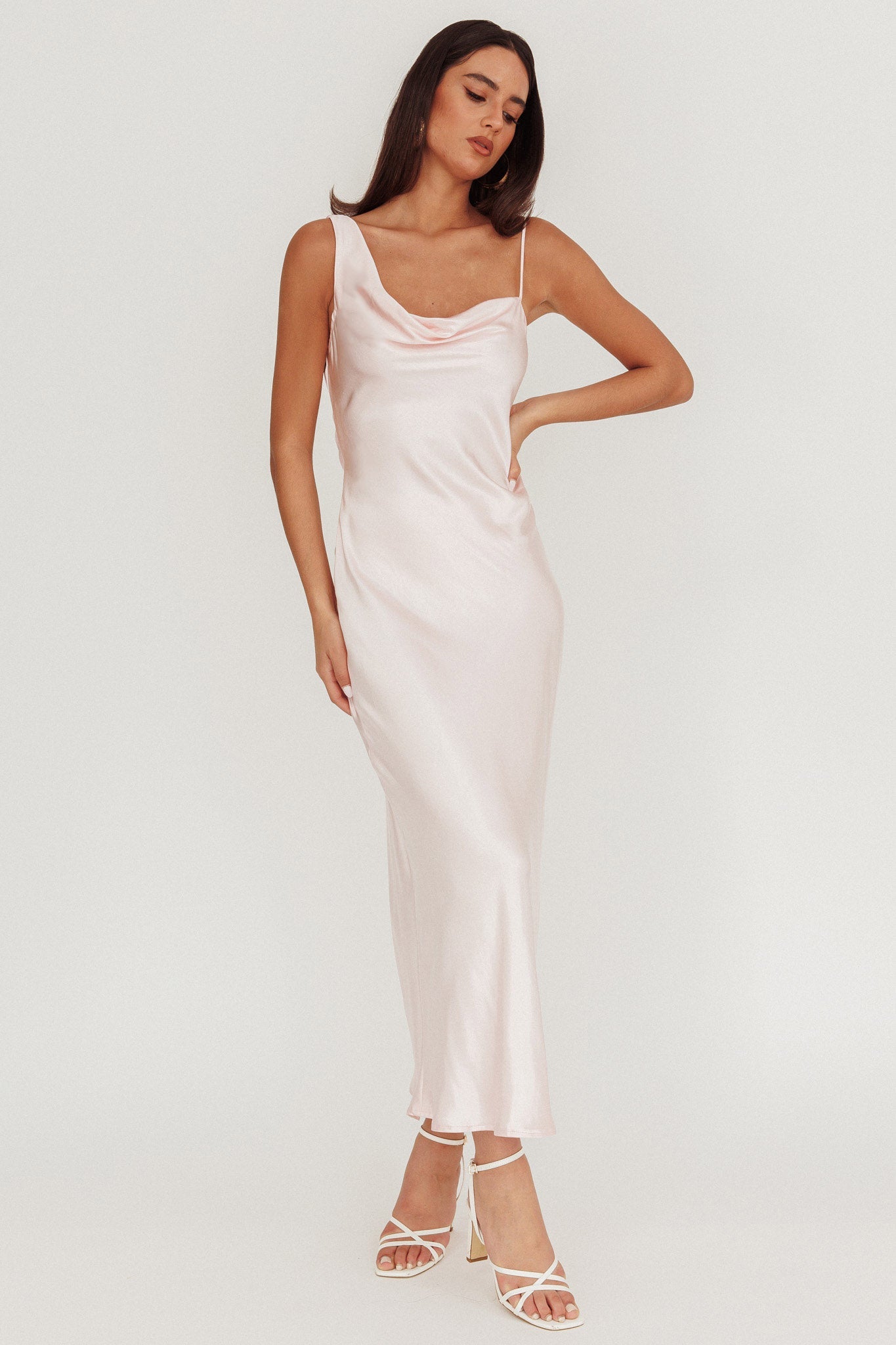 Treats Cowl Back Satin Maxi Dress Baby Pink