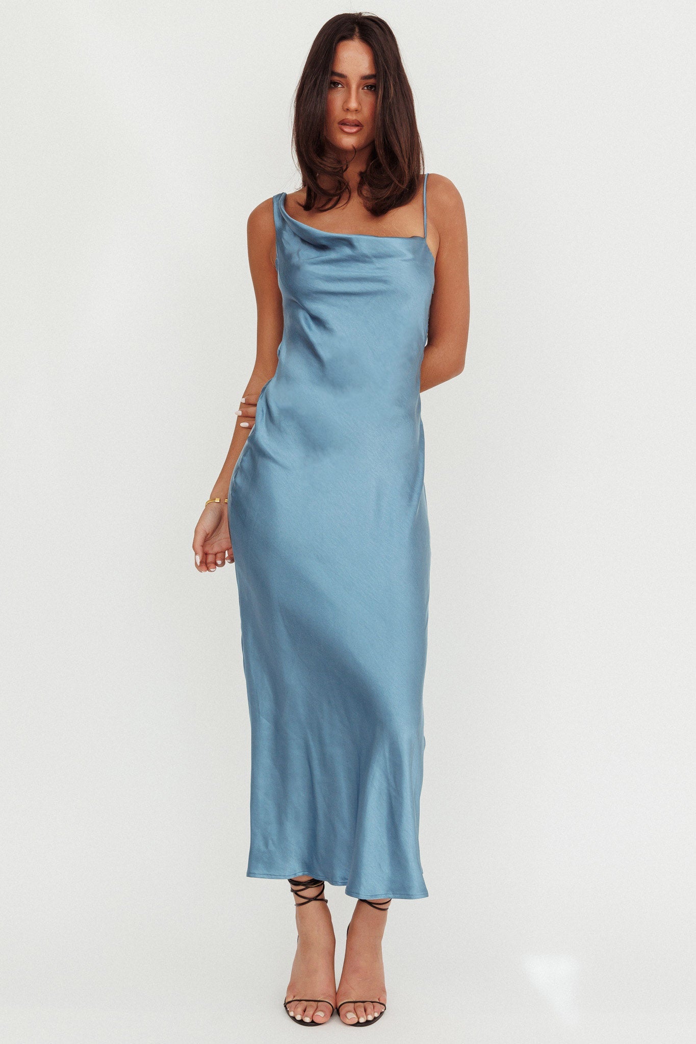 Treats Cowl Back Satin Maxi Dress Steel Blue