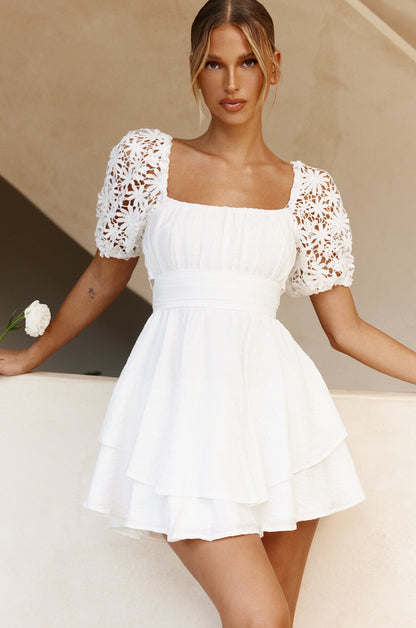 Abby Lace Puff Sleeve Tie-Up Back Dress White