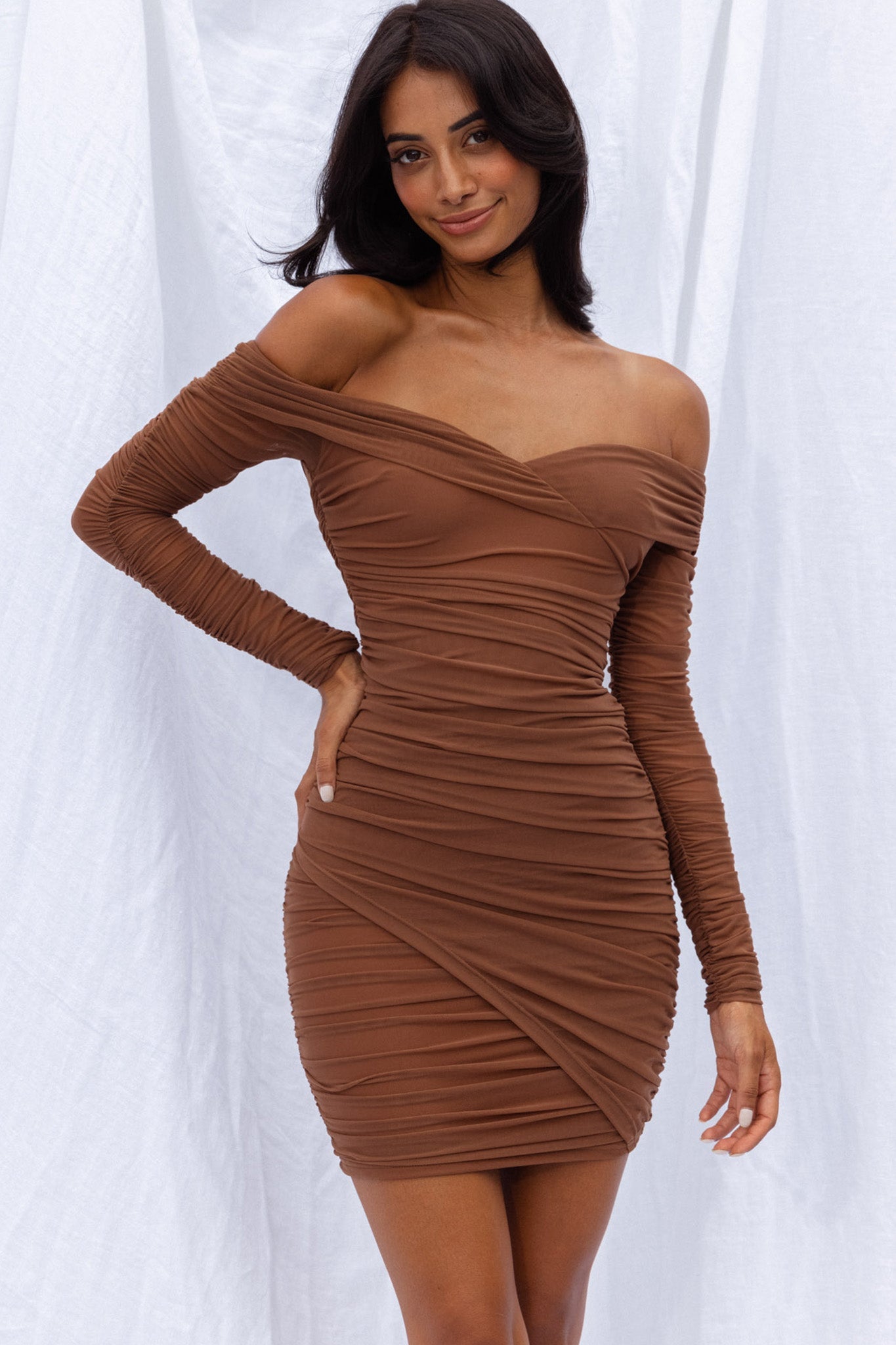 Moonrise Off-Shoulder Crossover Neckline Long Sleeve Ruched Dress Chocolate