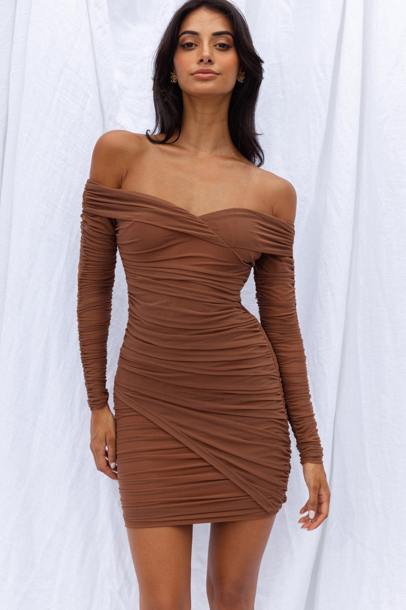 Moonrise Off-Shoulder Crossover Neckline Long Sleeve Ruched Dress Chocolate