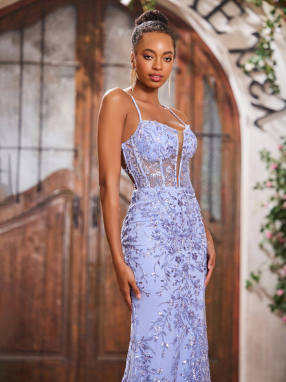 Sexy Criss-Cross Straps Lace Sheath/Column Maxi Prom Dresses Lavender