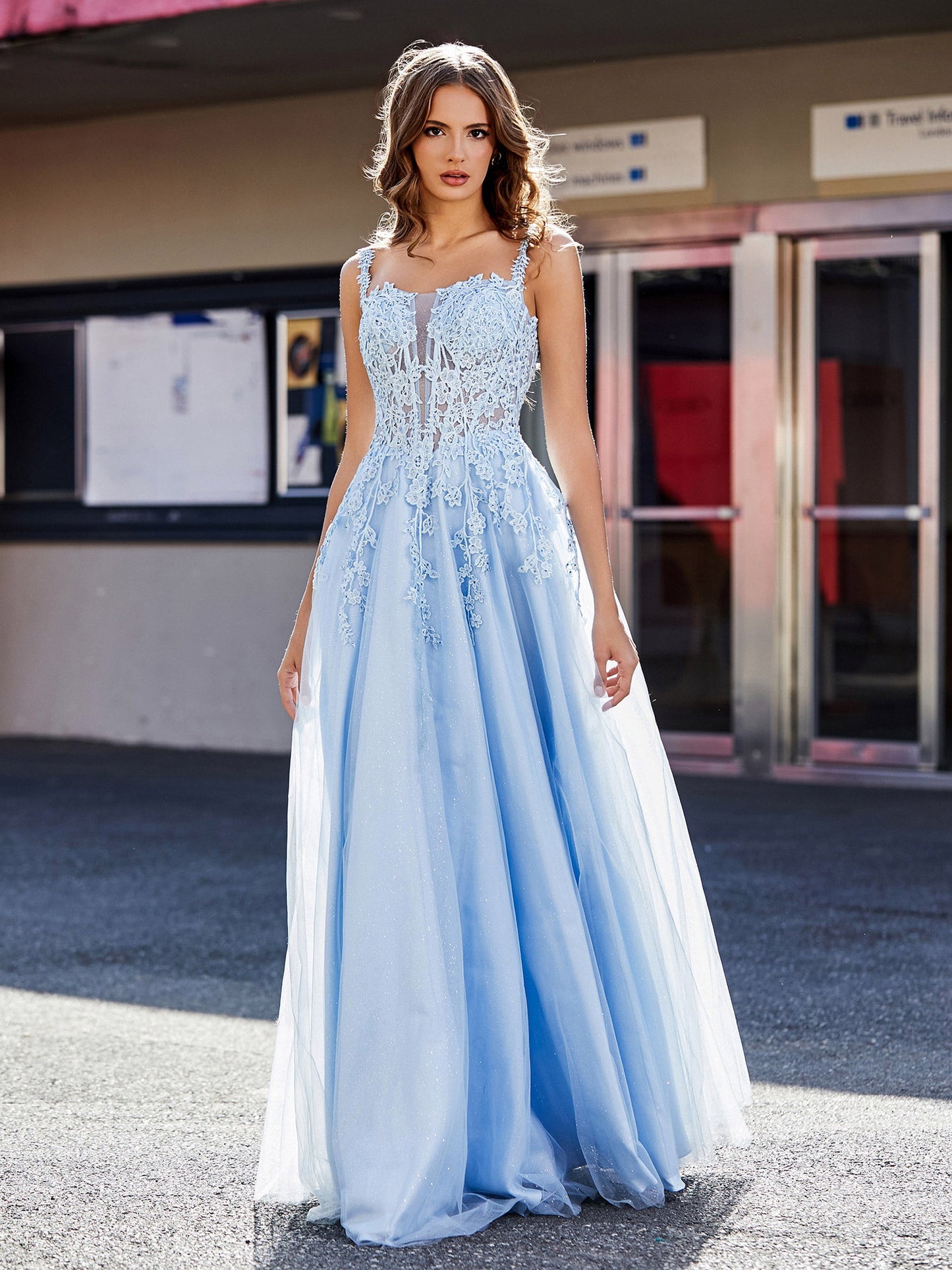 Corset Bodice A Line Tulle Gown Sky Blue