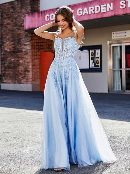 Corset Bodice A Line Tulle Gown Sky Blue