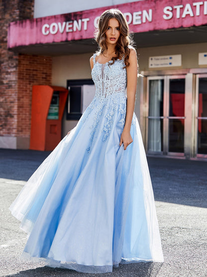 Corset Bodice A Line Tulle Gown Sky Blue
