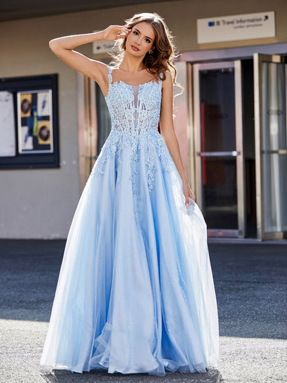 Corset Bodice A Line Tulle Gown Sky Blue