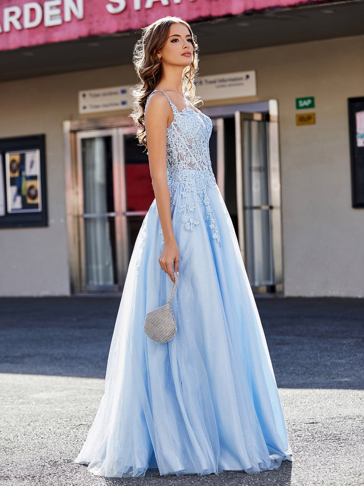 Corset Bodice A Line Tulle Gown Sky Blue