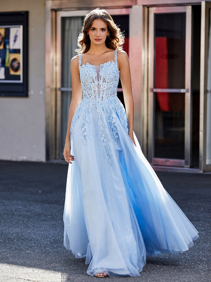Corset Bodice A Line Tulle Gown Sky Blue