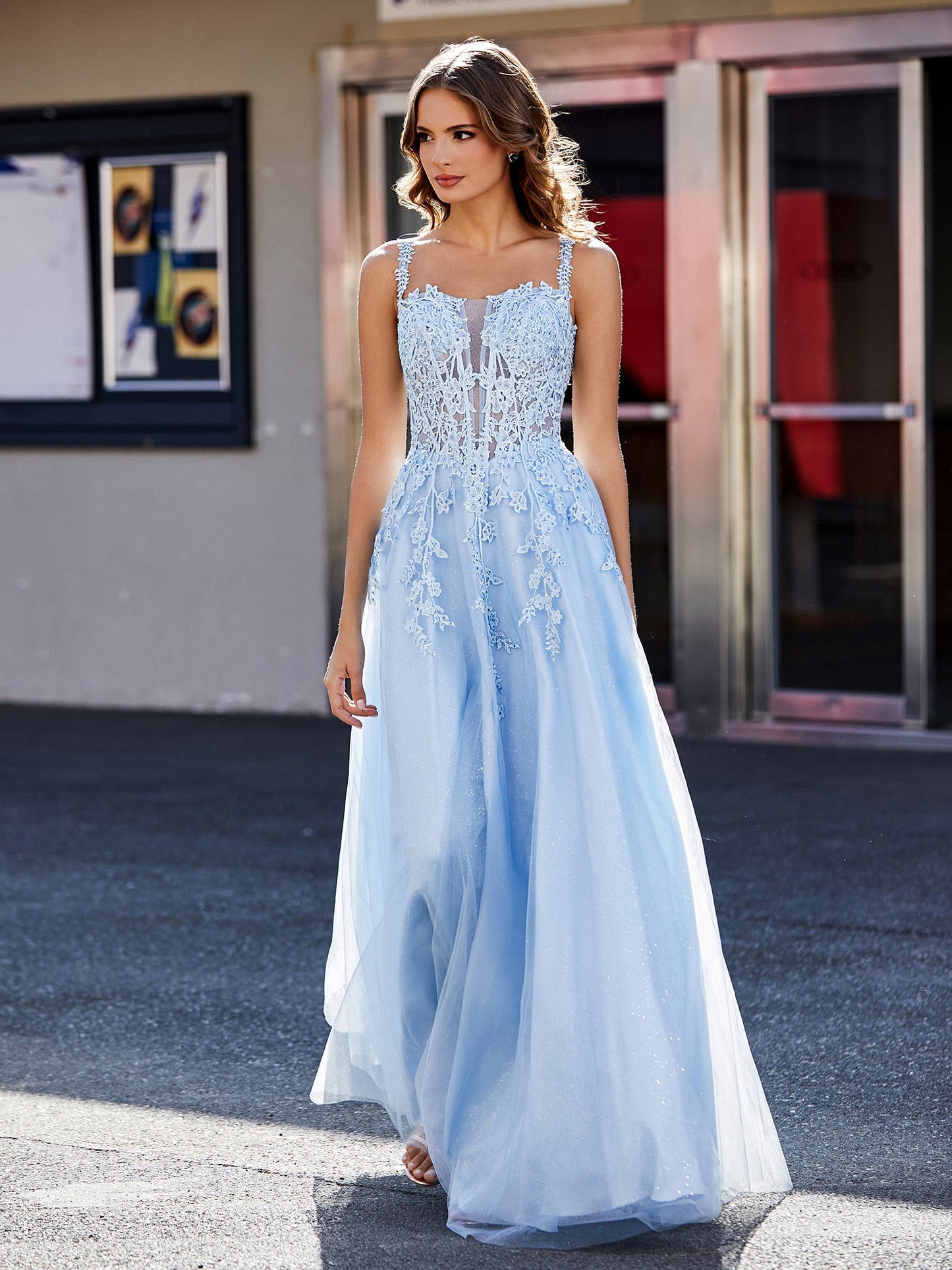 Corset Bodice A Line Tulle Gown Sky Blue